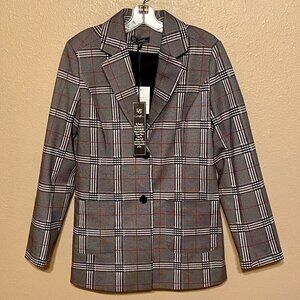 DG2 Diane Gilman Black White Burgundy Plaid Stretch Blazer, NWT, Size M